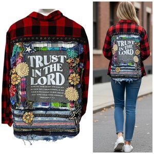 Upcycled Flannel Jacket Shacket Womens XL Christian Church Embroidered OOAK